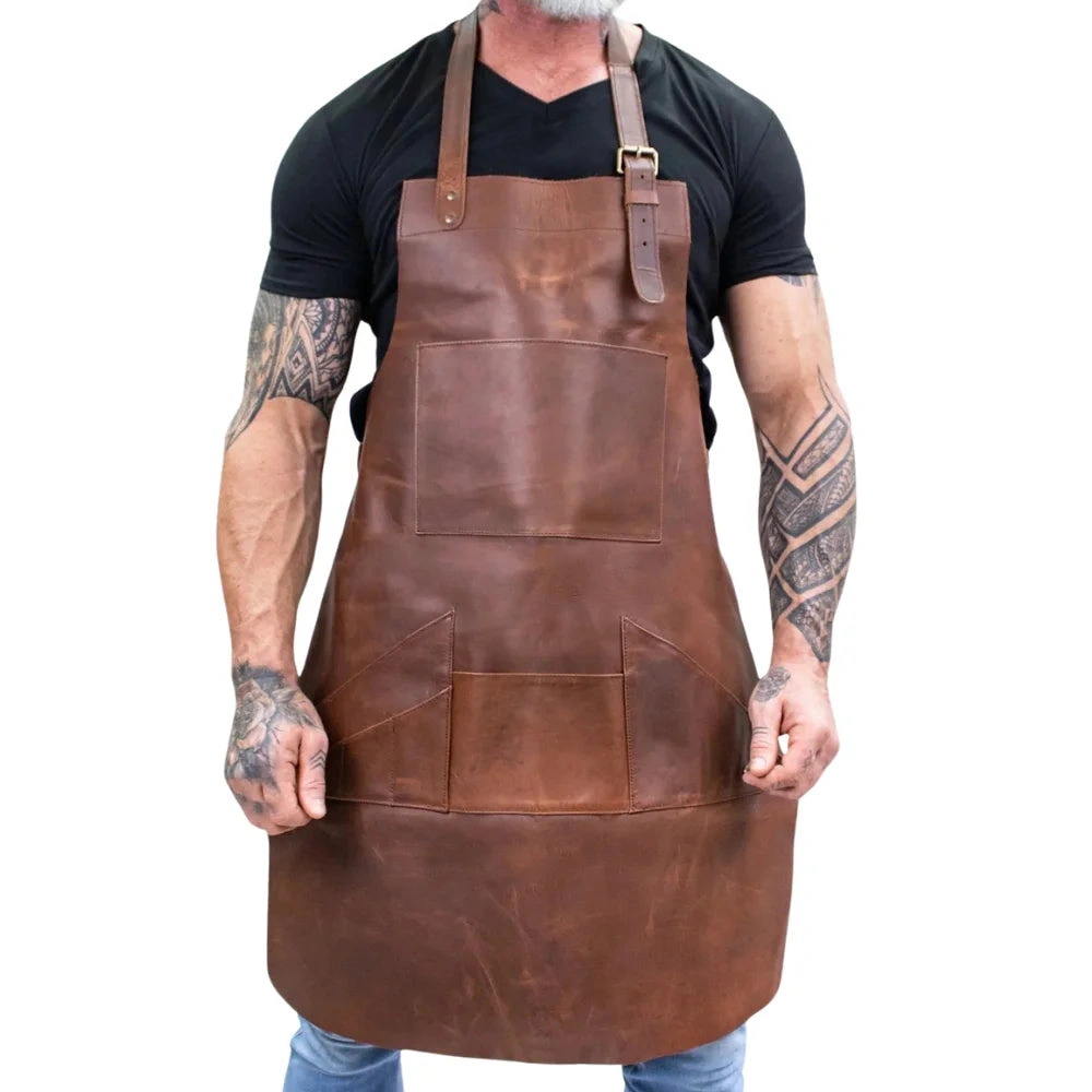 Delantal de cuero genuino multiusos con bolsillos para hombres y mujeres: ¡estilo y funcionalidad!