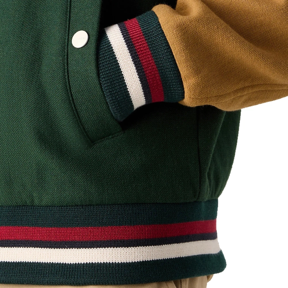 Aaron Wool: Chaqueta Varsity Verde Oscuro & Cognac – Estilo Clásico, Atemporal!
